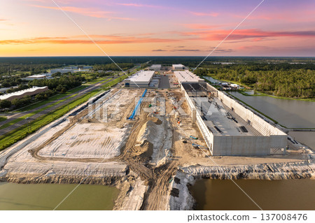 New logistics center construction site planning. Project management in the USA distribution industry 137008476