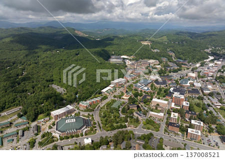 Boone, North Carolina. Historical American city architecture in Appalachian mountains. Old city in Watauga County, USA. Streets and historic buildings from above Boone, North Carolina. Historical American city architecture in Appalachian mountains. Old city in Watauga County, USA. Streets and historic buildings from above 137008521
