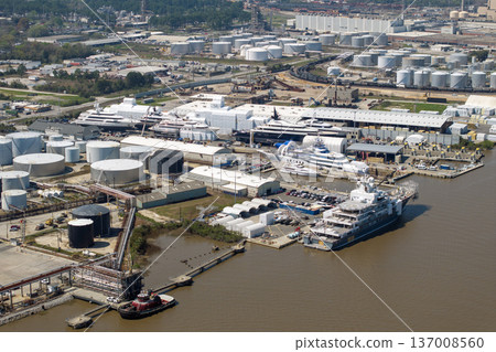 Construction of luxury yachts in shipyard in Savannah, Georgia. Assembly of sea ships 137008560