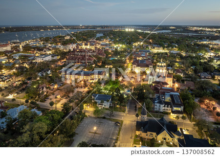 St. Augustine, Florida. American architecture with illuminated city streets and historical buildings at night. USA travel destination 137008562