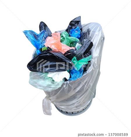 Overflowing garbage bin full of plastic waste bags Overflowing garbage bin full of plastic waste bags 137008589