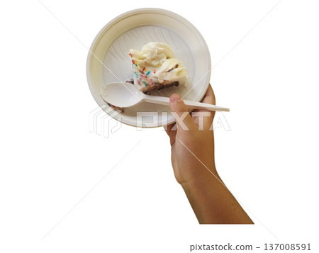 Hand holding leftover cupcake with frosting and sprinkles Hand holding leftover cupcake with frosting and sprinkles 137008591