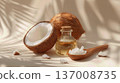 Coconut oil in glass bottle with fresh coconut pieces and wooden spoon, minimal spa style composition. 137008735