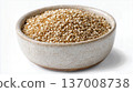 Raw organic quinoa grains in ceramic bowl isolated on white background, healthy superfood concept. 137008738