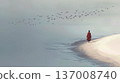 Lonely figure in red coat walking along shore with flying birds, calm surreal landscape. 137008740