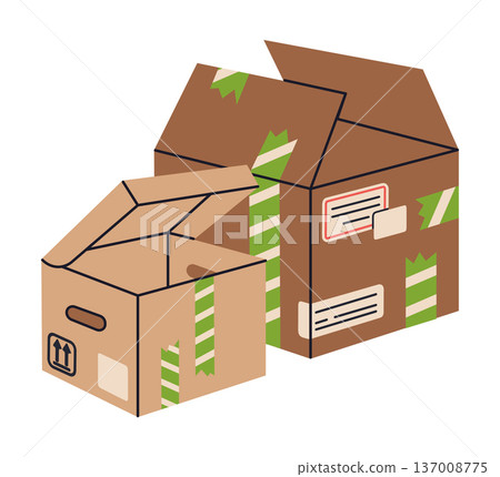 Cargo boxes. Cartoon warehouse boxes covered with adhesive tape, open parcels, delivery or moving carton containers flat vector illustration. Carton boxes isolated on white background 137008775