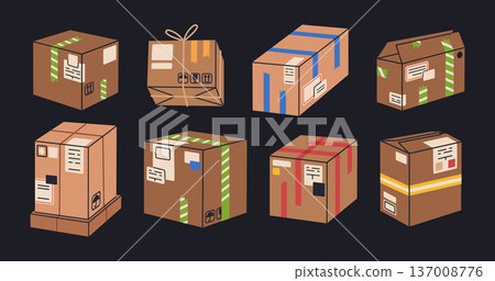 Cargo warehouse boxes. Cardboard boxes, packed parcels, delivery or moving carton containers flat vector illustration set. Cartoon boxes isolated on dark background Cargo warehouse boxes. Cardboard boxes, packed parcels, delivery or moving carton containers flat vector illustration set. Cartoon boxes isolated on dark background 137008776