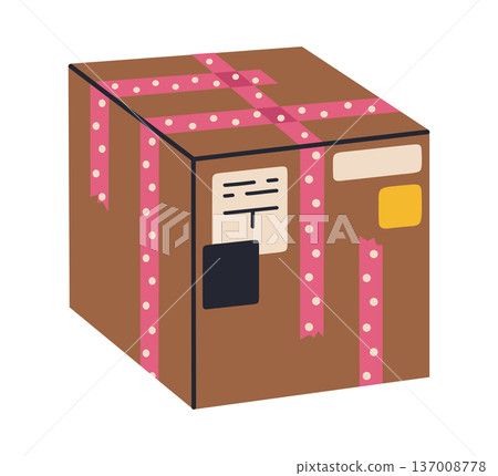 Cartoon cargo box. Warehouse box covered with adhesive tape, packed parcel, delivery or moving carton containers flat vector illustration. Carton box isolated on white background Cartoon cargo box. Warehouse box covered with adhesive tape, packed parcel, delivery or moving carton containers flat vector illustration. Carton box isolated on white background 137008778