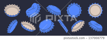 Cartoon metal caps. Beer, soda pop or lemonade bottle caps, metallic lid for glass containers with refreshing beverages flat vector illustration set. Isolated bottle caps 137008779