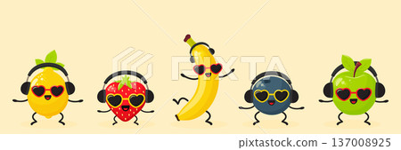 Funny fruit characters group dancing in headphones and sunglasses vector illustration. Funny fruit characters group dancing in headphones and sunglasses vector illustration. 137008925