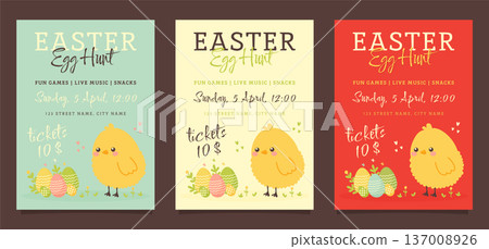 Easter egg hunt posters set with cute chick and colorful eggs vector illustration. Easter egg hunt posters set with cute chick and colorful eggs vector illustration. 137008926