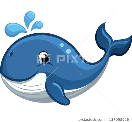 Cute blue whale cartoon with water spout on transparent background 137008936