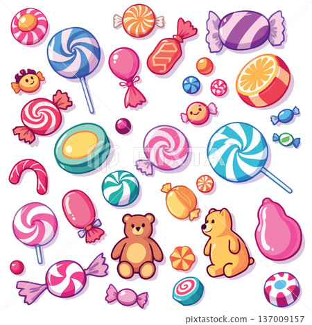 Colorful candy, lollipops, teddy bears and sweets creating a festive atmosphere Colorful candy, lollipops, teddy bears and sweets creating a festive atmosphere 137009157