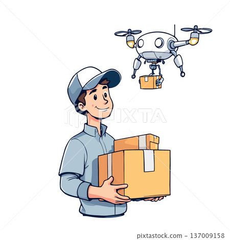 Deliveryman holding packages watching drone delivering parcel 137009158