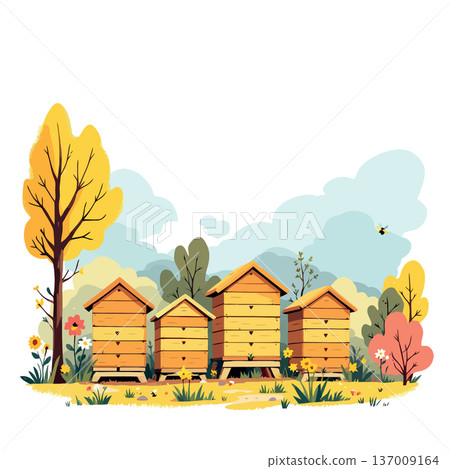 Wooden beehives standing in a field making honey during spring season 137009164