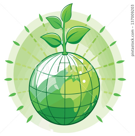 Green plant growing on earth globe promoting environmental conservation 137009203