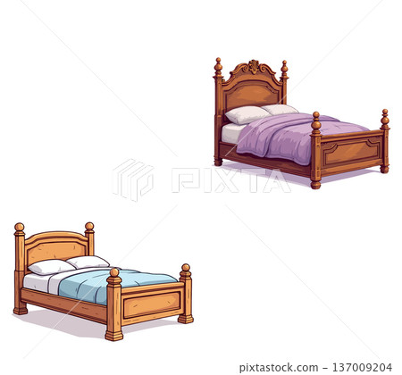 Two wooden beds with pillows and blankets representing rest and comfort 137009204