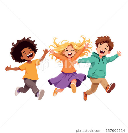 Happy multiethnic children jumping and running with joy 137009214