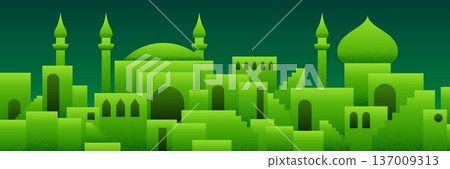 Arabic city panorama in pistachio green color with mosque silhouettes Arabic city panorama in pistachio green color with mosque silhouettes 137009313