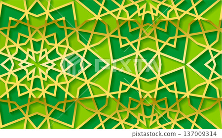 Green and gold islamic geometric star pattern background with 3d layered arabesque shapes Green and gold islamic geometric star pattern background with 3d layered arabesque shapes 137009314