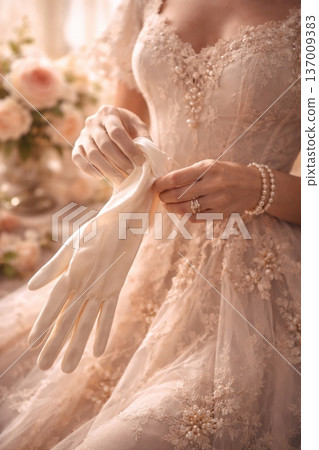 Close-up of Woman in Ornate Pink Gown Putting on Silk Gloves 137009383