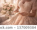 Close-up of Woman in Ornate Pink Gown Putting on Silk Gloves 137009384