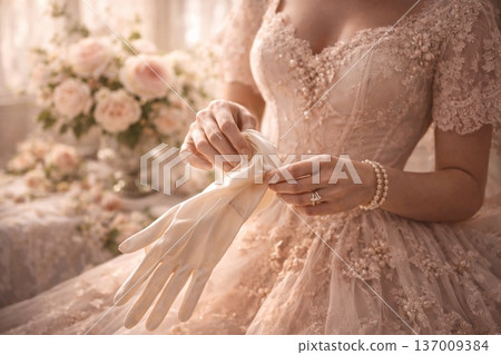 Close-up of Woman in Ornate Pink Gown Putting on Silk Gloves 137009384