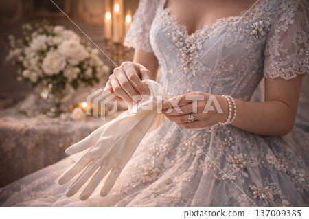 Close-up of Woman in Ornate Pink Gown Putting on Silk Gloves 137009385