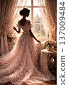 Elegant Woman in Exquisite Ornate Gown Looking Out a Sunlit Window 137009484