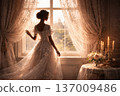 Elegant Woman in Exquisite Ornate Gown Looking Out a Sunlit Window 137009486