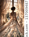 Elegant Woman in Exquisite Ornate Gown Looking Out a Sunlit Window 137009487