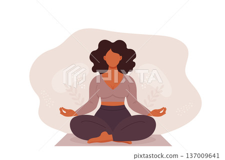 Body positive female character practicing yoga for mindfulness zen vector illustration. Body positive female character practicing yoga for mindfulness zen vector illustration. 137009641