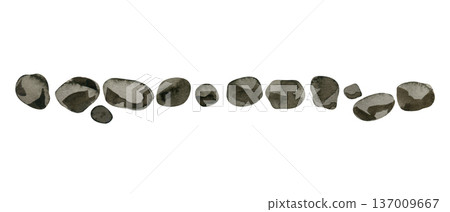 Hand-painted watercolor border featuring a natural line of grey stones and pebbles. With realistic dark textures and varied organic shapes, this horizontal element is ideal for landscape, garden, and 137009667