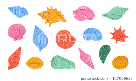 Colorful seashell set. Hand drawn trendy flat style isolated 137009683