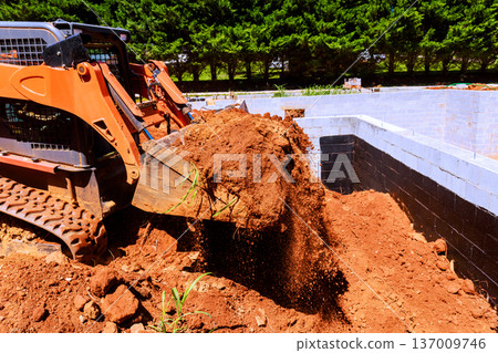 Heavy excavator moves earth for foundation work at residential construction site 137009746