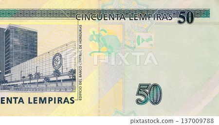 50 lempira Honduran banknote, money printed issued by Banco Central De Honduras. front view, 50 lempira Honduran banknote, money printed issued by Banco Central De Honduras. front view, 137009788