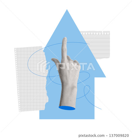 Trendy halftone collage. Hand pointing up on blue arrow background. Finger pointing upward with torn notebook sheets. Vector pop art growth, success and rising stats. Business development concept. 137009820