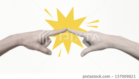 Trendy pop art collage. Fingers touching with yellow burst. Vector retro illustration of connection. God and Adam hands parody for teamwork and collaboration. Hands reaching and touching. 137009821