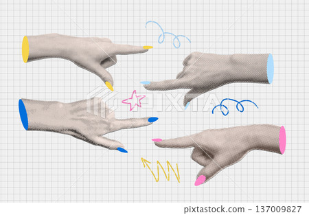Trendy y2k halftone collage. Set of hands pointing fingers left and right with colorful nails and doodles. Vector pop art illustration on grid paper background. Choice, direction and variety concept. Trendy y2k halftone collage. Set of hands pointing fingers left and right with colorful nails and doodles. Vector pop art illustration on grid paper background. Choice, direction and variety concept. 137009827