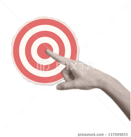 Halftone female hand pointing to the center of target. Index finger pointing at darts. Modern paper mixed media collage. Successful business idea concept. Hitting the target. Achieving goal. Vector Halftone female hand pointing to the center of target. Index finger pointing at darts. Modern paper mixed media collage. Successful business idea concept. Hitting the target. Achieving goal. Vector 137009835