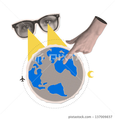 Hand choosing travel destination on world map. Retro sunglasses and globe in halftone style. Summer vacation planning. Surreal paper cut collage. Hand pointing to planet Earth. Global travel, tourism 137009837