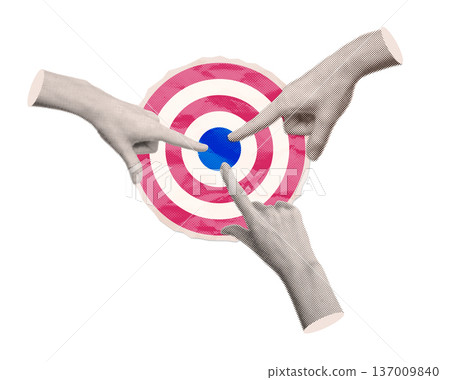 Surreal vintage collage with three halftone hands pointing to a target center torn from crumpled paper. Retro pop art business concept for teamwork, achieving goals and successful strategy. Vector 137009840