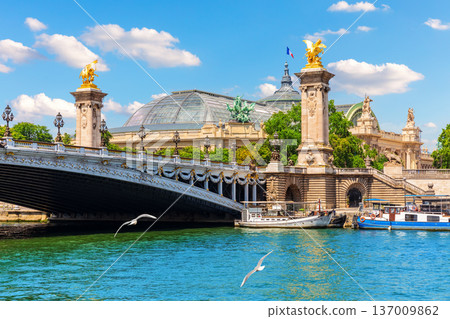 The Grand Palace and Alexandre III Bridge over river Seine in Paris France The Grand Palace and Alexandre III Bridge over river Seine in Paris France 137009862