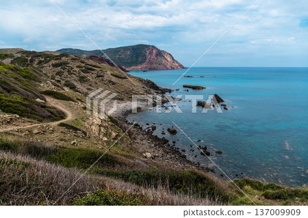 Scenic coastal landscape of Menorca with turquoise waters and rugged terrain. Scenic coastal landscape of Menorca with turquoise waters and rugged terrain. 137009909