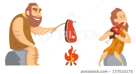 Eating ancient man and woman. Caveman prepare meat on fire Eating ancient man and woman. Caveman prepare meat on fire 137010178
