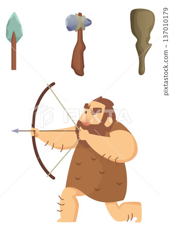 Prehistoric weapons. Cartoon caveman hunting with bow and arrow Prehistoric weapons. Cartoon caveman hunting with bow and arrow 137010179