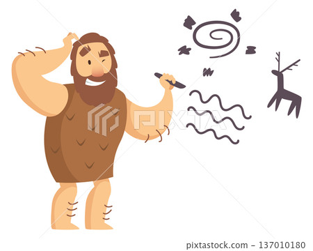 Prehistoric paintings creator draw on cave wall. Cartoon character 137010180