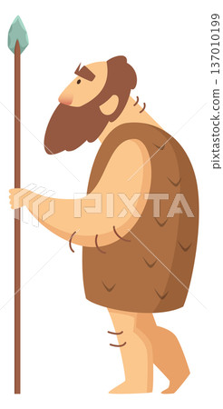 Ancient man with spear. Hunting caveman cartoon character 137010199