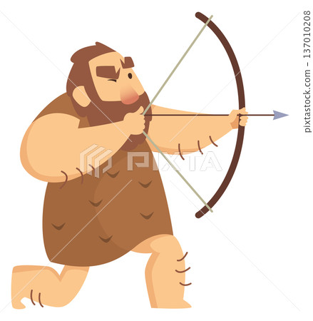 Caveman aiming with ancient bow. Prehistoric man character 137010208