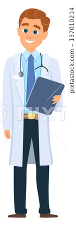 Doctor hold medical document. Hospital worker character Doctor hold medical document. Hospital worker character 137010214